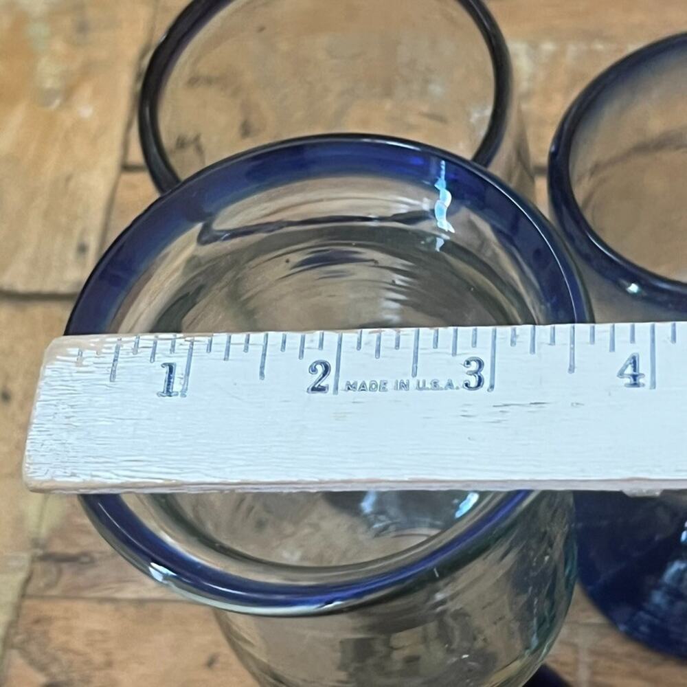 Mexican Hand Blown Goblets Drinking Glasses Cobalt Blue Rim Set of 5 - Picture 9 of 12